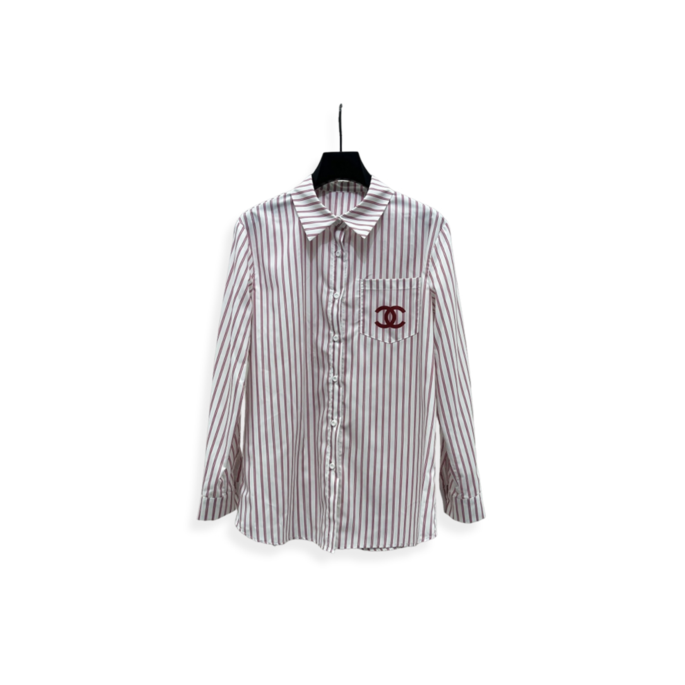 CHANEL RED STRIPED EMBROIDERED LOGO BLOUSE SHIRT 